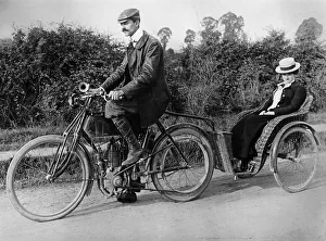 Country Lane Transport Stampe: A motorcycle with a trailer, c1903