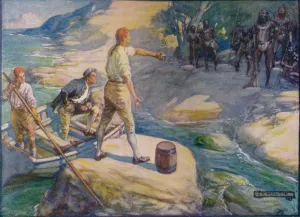 Rowing Boat Transportation Stampe: Natives Gathered Round Them, c1908, (c1920). Artist: Joseph Ratcliffe Skelton