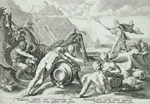 Black And White Dutch Art Stampe: Neptune Plotting the Destruction of Man, published 1589. Creator: Hendrik Goltzius