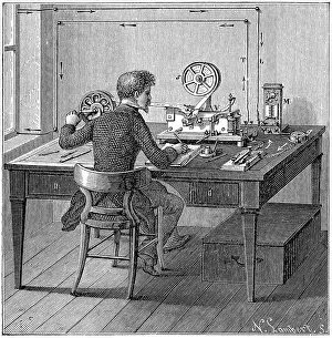 American Innovation History Stampe: Operator receiving a message in Morse code on an electric printing telegraph, 1887