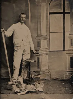 Black And White Photographer Stampe: [Painter, Standing in Front of a Painted Window Backdrop, with Brushes, Bucket, and P