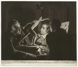 British Art Heritage Stampe: Three Persons Viewing the Gladiator by Candlelight, 1769. Creator: William Pether