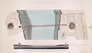 River Thames Geographical Feature Stampe: Plan and longitudinal section of the Thames Tunnel, London, 1842