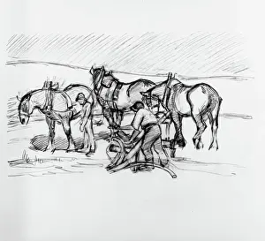 Agricultural Labourer Artwork Stampe: Ploughing on the Downs, c1907. Creator: Robert Polhill Bevan