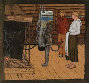 Agricultural Worker Painting Stampe: The Poor Devil by the Fire; The Devil by the Pot, 1897. Creator: Hugo Simberg