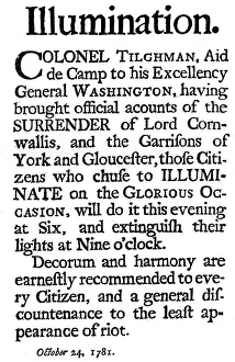 American Revolutionary War Stampe: Proclamation of illuminations commemorating the surrender of General Cornwallis