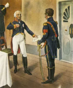 Cigarette Card Album Collection Stampe: Prussian General Courbiere, Commandant of Graudenz, and French envoy Savary, 1807, (1936)