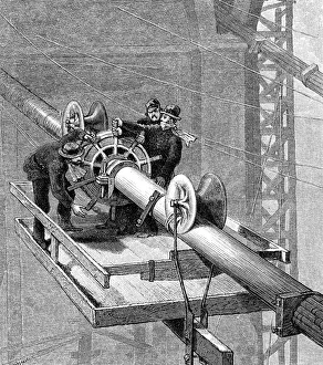 Civil Engineering History Stampe: Putting wire wrapping around the suspension cables, Brooklyn Suspension Bridge, 1883