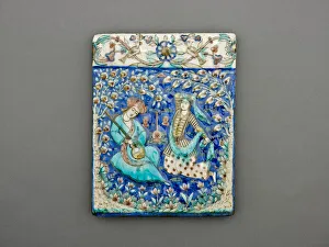 Persian Decorative Arts Stampe: Rectangular Tile with Musician and Dancer, Qajar dynasty (1796-1925), 19th century