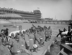 Vintage Boat Transportation Stampe: Returning from drill, Hampton Roads, between 1890 and 1901. Creator: William H. Jackson