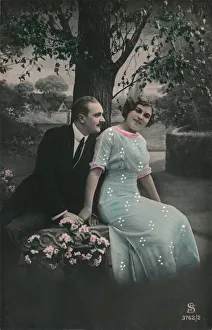 Blue Dress Woman Stampe: Romantic postcard, c1910