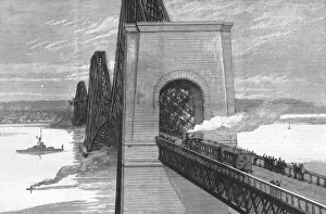 Victorian Era Railways Stampe: Running the first train over the new Forth Bridge, 1890. Creator: Unknown
