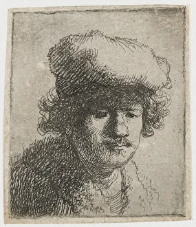 Rembrandt Van Rijn Artwork Stampe: Self-portrait with cap pulled forward, c. 1630. Creator: Rembrandt van Rhijn (1606-1669)