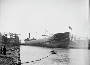 Black And White Maritime Images Stampe: Str. James E. Davidson after the launch, 1905. Creator: Unknown