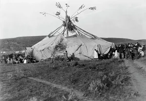 Native American Ceremony Stampe: Sun dance in progress-Cheyenne, c1910. Creator: Edward Sheriff Curtis