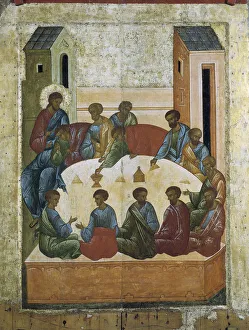 Stampe di 'Ultimo Cenone, 1497. Pittura di icone russe. Trovato nella collezione del Museo Russo di Stato, San Pietroburgo' Sergei Ivanovich Gribkov Stampe: L'Ultima Cena, 1497.