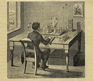 Telegraph History Stampe: In a telegraph office, arrival of the dispatch, c1850. Creator: Anonymous