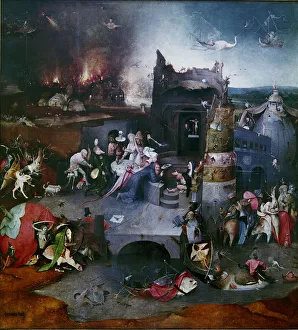 Stampe di La Tentazione di Sant'Antonio (pannello centrale di un trittico), Tra il 1495 e il 1515. Si trova nella collezione del Museu Nacional de Arte Antiga, Lisbona Hieronymus Bosch Stampe: La tentazione di sant'Antonio (pannello centrale di un trittico)
