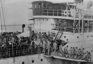 Early 20th Century Warfare Stampe: Troops arrive at Galveston, between c1910 and c1915. Creator: Bain News Service
