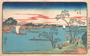 Polychrome Woodblock Art Stampe: A View of Cherry Trees in Leaf along the Sumida River, 1831. 1831. Creator: Ando Hiroshige