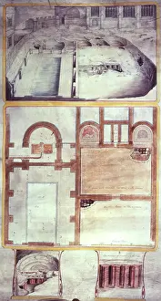 Vista e piani delle terme romane a Bath, contea di Somerset, 1762. Creatore: William Hoare