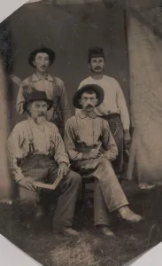 White Background Black And White Photos Stampe: Four Workmen Holding Different Tools: Square, Hatchet, Wood Plane, and Trowel, 1860s-70s