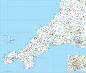 Stampe di Un dettagliato mappa del glorioso contea di Cornovaglia in Inghilterra Opere D'arte Digitali Stampe: Mappa Stradale del Contea di Cornwall