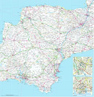 Stampe di Una mappa dettagliata del glorioso contea di Devon in Inghilterra Opere D'arte Digitali Stampe: Mappa Stradale del Devon County
