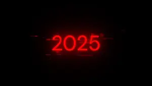 Immagini con data 1 marzo 2024: Rendicontazione 3D del testo 2025 con effetti di schermo di fallimenti tecnologici.