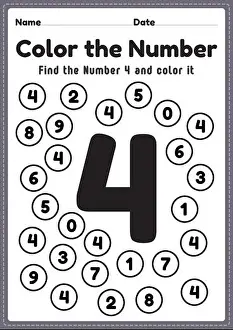Attrezzatura di matematica per bambini della scuola materna, numero 4 attività di colore per lapprendimento delle abilità matematiche basilari in una pagina stampabile.