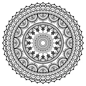 Disegno a cerchio con fiori e spirali in nero su sfondo bianco, schema di intreccio retro mandala vettoriale.