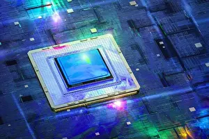 La tecnologia del computer quantistico concetto con rendering 3d chip cpu a bordo.