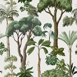 Disegno a tessere senza intrecci con alberi e piante della giungla. Vettoriale.