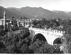 European Renaissance Baroque Style Stampe: Panoramic view of Dronero with the Devil's Bridge, Province of Cuneo