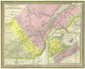Stampe di '1850 Mappa di Mitchell dell'Est del Canada comprese il Quebec' Mappa Stampe: 'Carta di Mitchell del 1850 dell'Est Canada compresa Quebec'.
