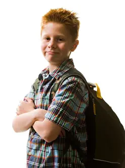 Caucasian Boy Looking At Camera Stampe: Boy with backpack