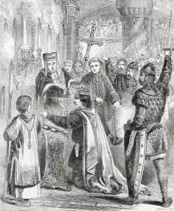 Stampe di La incoronazione di Guglielmo il Conquistatore, 1066. Guglielmo I, ca.1028 - 1087, noto anche come Guglielmo il Conquistatore e Guglielmo il Bastardo. Primo re normanno d'Inghilterra Luglio Stampe: La coronazione di Guglielmo il Conquistatore.