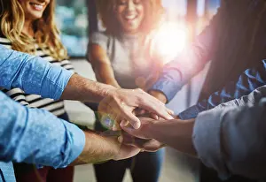 Office Collaboration Stampe: Hands, group and stack at office with support