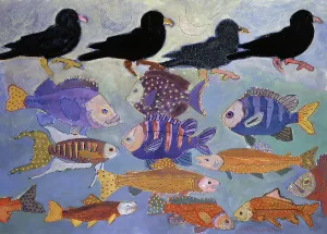 American Artist Paintings Stampe: Moons And Crows On Fish