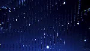 Dark Blue Background Image Stampe: 3D illustration of binary code cascading against a dark blue background