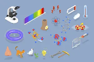 Educational Institution Graphics Stampe: 3D Isometric Flat Vector Set of Physics Items