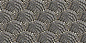 Futuristic Architecture Stampe: 3D pattern featuring interlocking shield-like tiles with a layered metallic texture