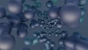 Minimalist 3D Rendering Stampe: A 3D rendered image featuring clusters of fluid