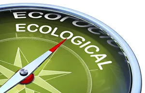 Biological Cultivation Symbol Stampe: 3D rendering of a compass with a ecological icon
