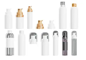 Stampe di Impostazione di rendering 3D di bottiglie per lozione, crema o siero cosmetico. Mockup contenitori vuoti di prodotti per il self care. Illustrazione 3D di alta qualità Siero Stampe: Impostazione di rendering 3D di bottiglie per lozione.