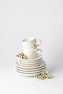 White Ceramic Plates Stampe: Aesthetic stack of white tableware including cups and plates adorned with tiny spring flowers