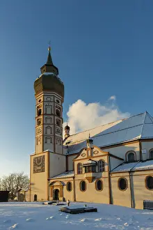 Upper Bavaria Monastery Stampe: Andechs Monastery in winter, sunset