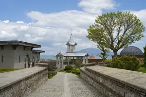 Rabati Fortress Georgia Stampe: Architectural structure with tower and trees under a cloudy sky along a paved path
