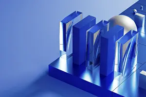 Stampe di Un array di forme geometriche in blu illumina un ambiente tecnologico 3D spettacolare, evidenziando superfici riflettenti e intricate progettazioni Opere D'arte Minimaliste Stampe: Un array di forme geometriche in blu illuminato risalta un ambiente tecnologico 3D impressionante