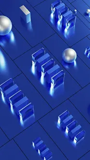 Stampe di Un array di forme geometriche in blu illuminato risalta un ambiente tecnologico 3D impressionante, con superfici riflettenti e disegni intricati Opere D'arte Minimaliste Stampe: Un array di forme geometriche in blu illuminato si estende in un ambiente tecnologico 3D impressionante